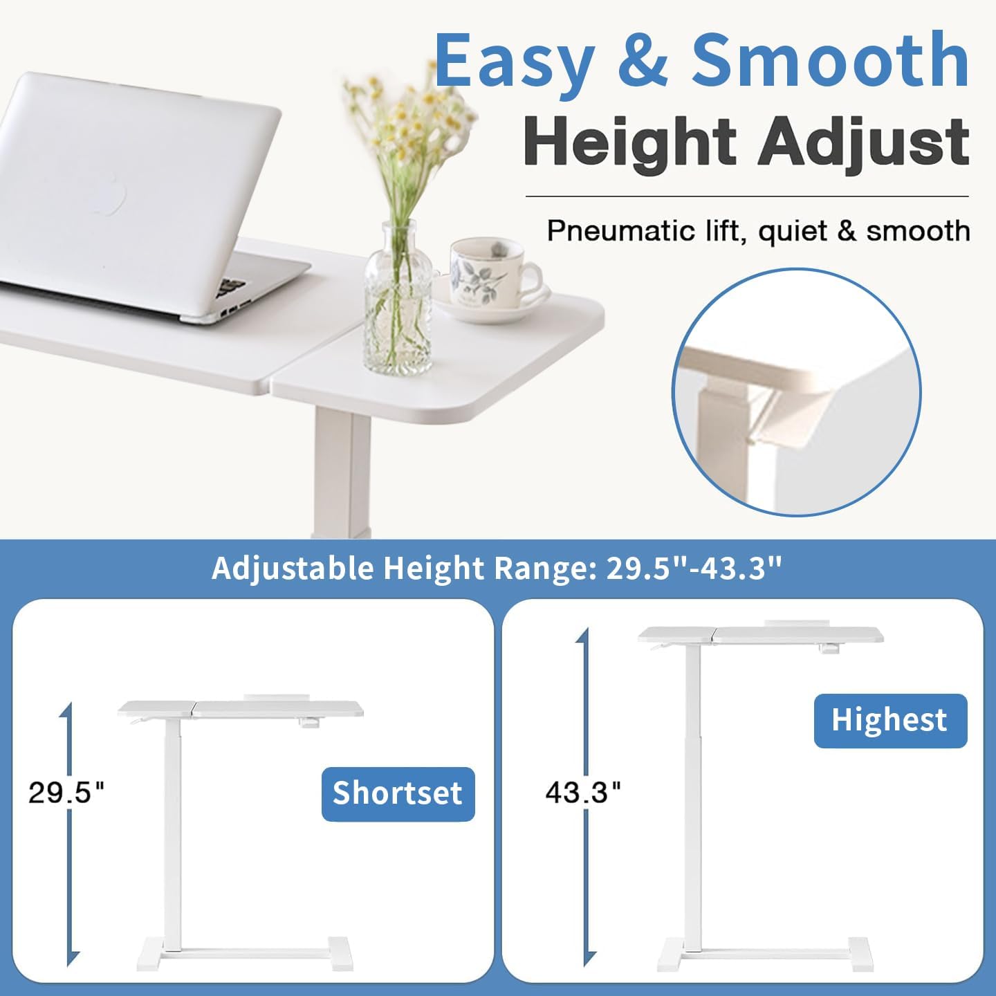 Overbed Table - Adjustable Wheels Standing Desk Side Table, Hospital Tray Table, Laptop Bed Desk, Height Adjustable & Angle Tiltable Desktop with Tray 27.6" W X 15.7" D