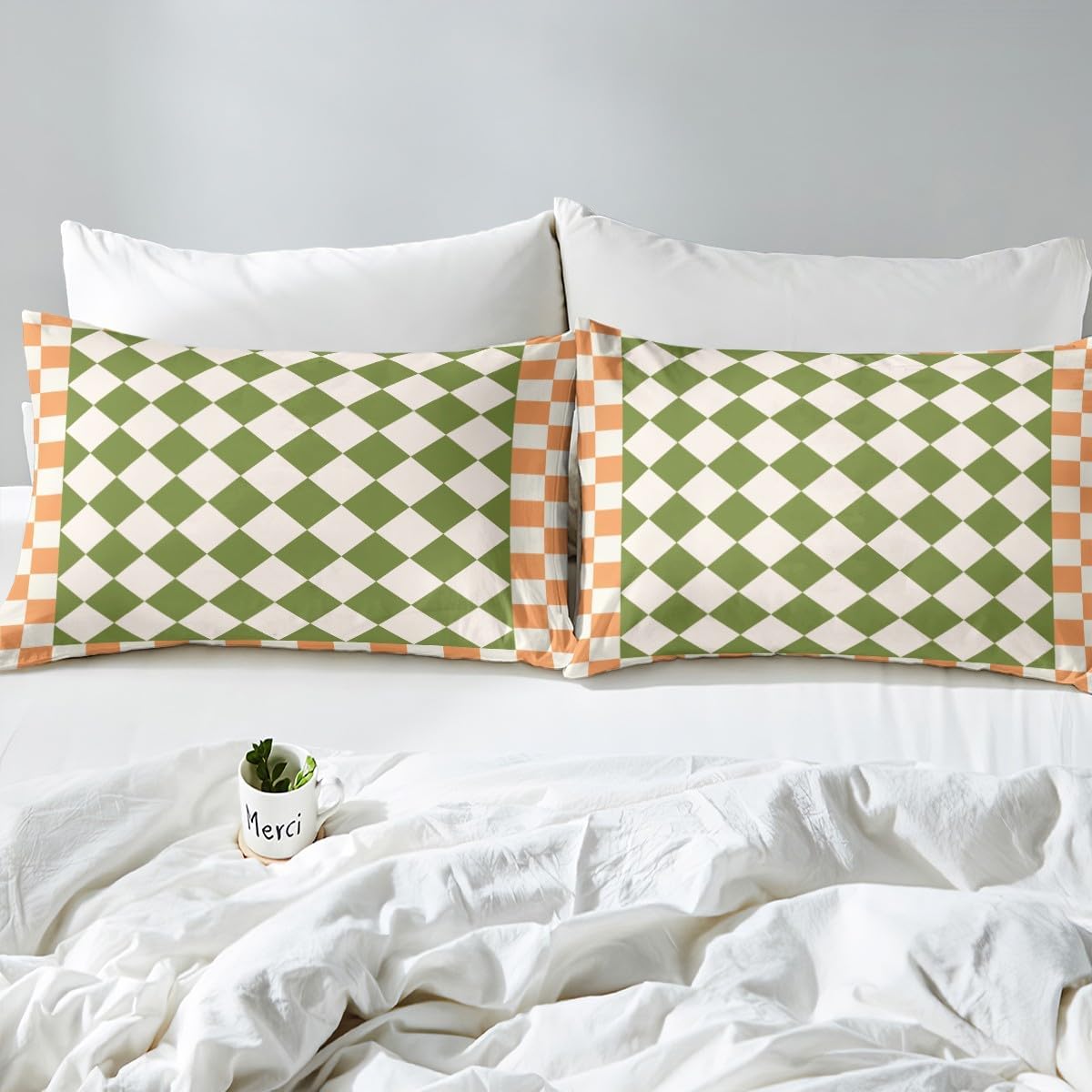 Erosebridal Green Orange Comforter Cover Queen Geometric Checkered Bedding Set Aesthetic Diamond Duvet Cover for Kids Boys Girls,Modern Fashion Bed Set