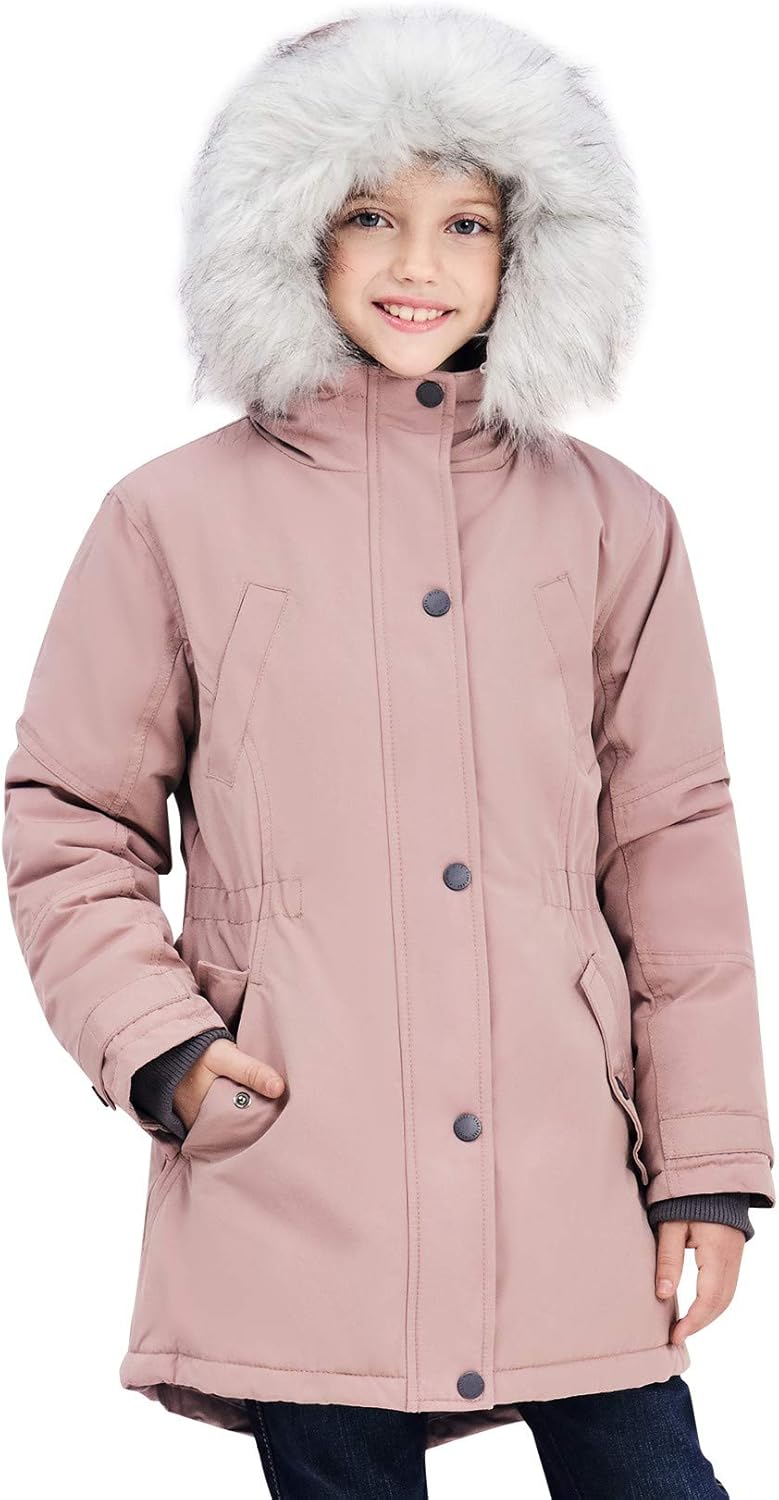 SOLOCOTE Girls Winter Coats Heavyweight Medium Length Warm Jacket With Removable Fur Collar Hooded 3-14Y