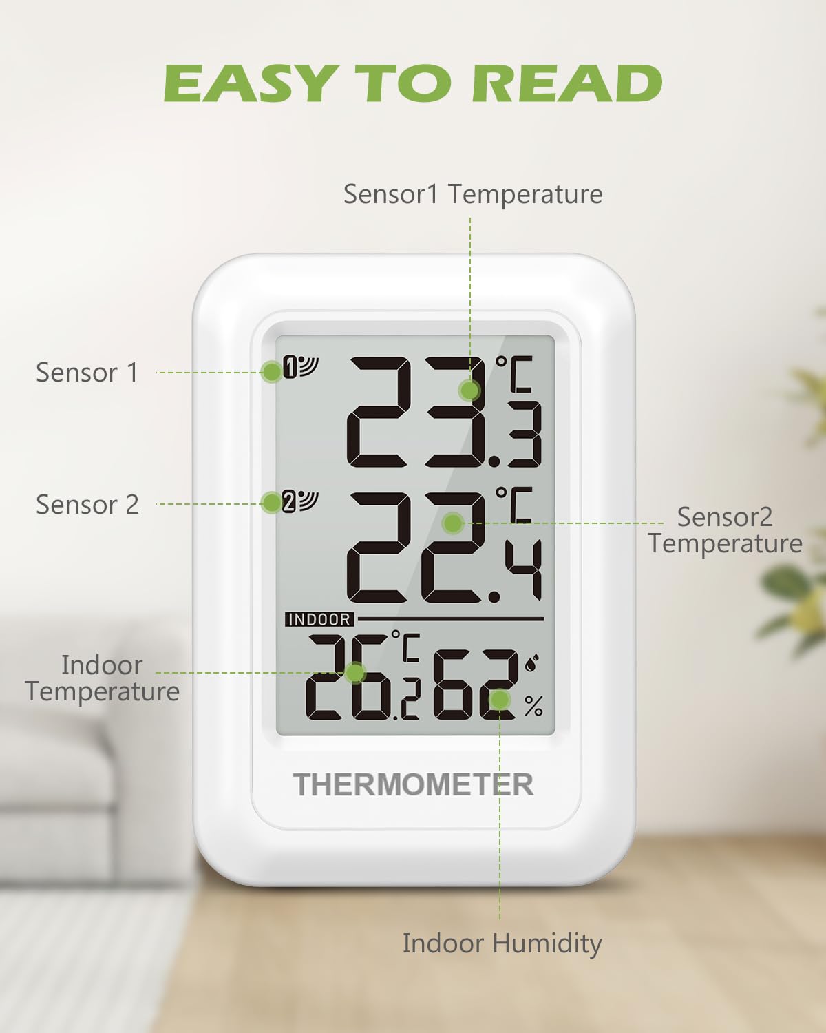 KeeKit Thermometer display showing indoor temperature and humidity, and two sensor temperatures