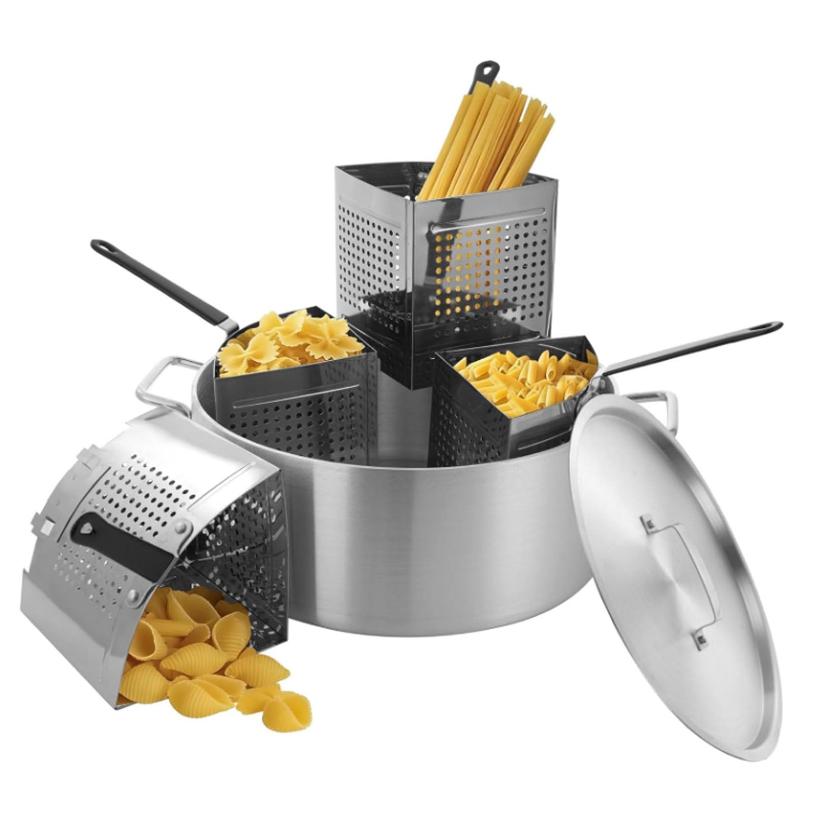 5-częściowy zestaw do gotowania makaronu z sitami: garnek aluminiowy, 4 kosze sitowe ze stali nierdzewnej (po ok. 4,7 l / 5 qt), szczypce kuchenne i łyżka do spaghetti – umożliwia jednoczesne
