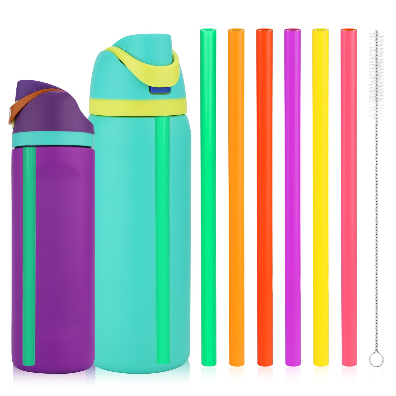 6pcs Replacement Straws for Owala FreeSip 24oz 32oz, Reusable Plastic Straws with Cleaning Cleaner Brush for Insulated Stainless Steel Water Silicone