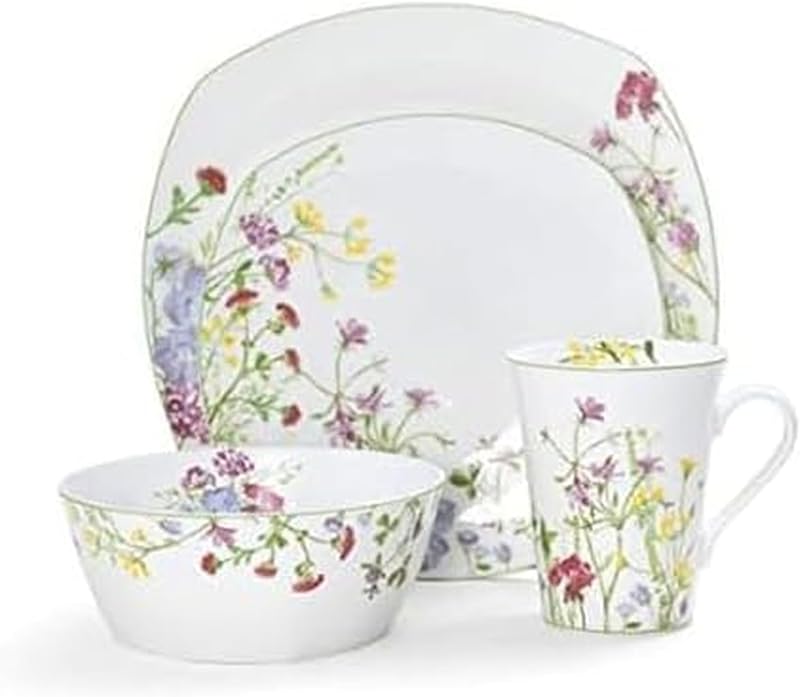 Mikasa Wildflower Garden Dinnerware Set, 16-Piece Bone China Dishes Service for 4, Square Plates and Bowls Set with Mugs, Floral Design, Dishwasher and Microwave Safe