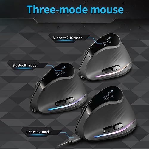 Miniatura 3 de zelotes Ratón vertical inalámbrico Bluetooth con pantalla, recargable, modo dual (BT 5.03.0 + receptor USB 2.4G), 4000 DPI (5 niveles ajustables),