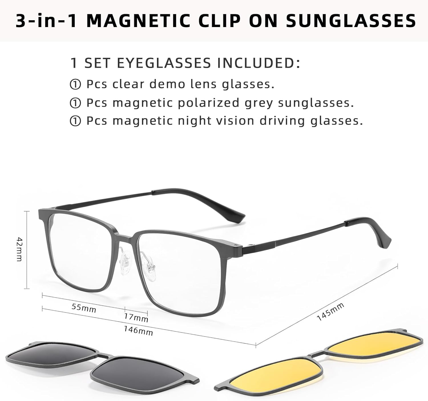 TEAPLMTT Magnetic Clip On Polarized Sunglasses for Men Retro Square Night Driving Al-Mg Glasses UV Protection