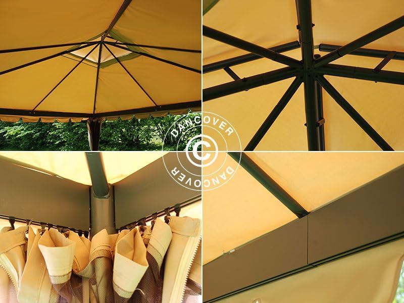 Close-up view of the gazebo's steel frame structure and curtain hook system.