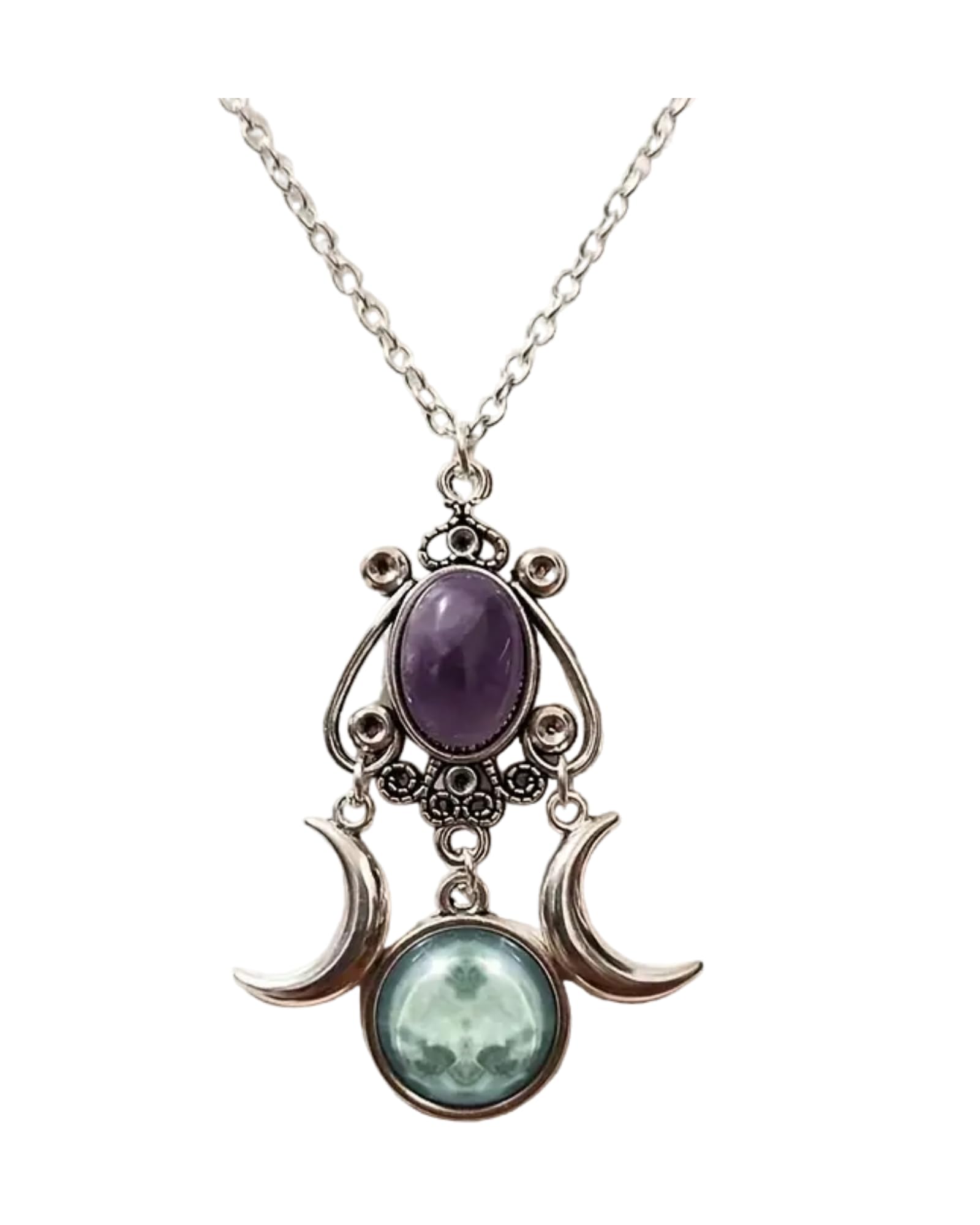 Women's Triple Moon Stone Pendant Necklace With Chain, Moonstone Pendant, Triple Moon Pendant Necklace For Women, Goddess Jewelry, Silver Chain Necklace, Pendant With Chain-image-1