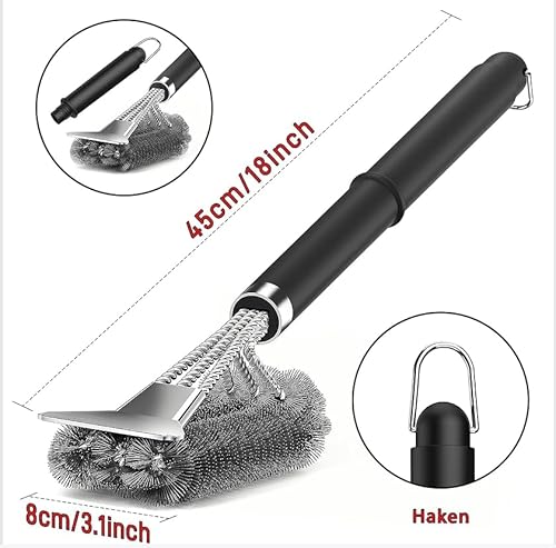 Katomi Grillbürste, Grill Reinigungsbürste mit Extra Langer Edelstahl Borsten, Edelstahl Spatel und PP Wärmedämmung Griff, für Gasgrill, Holzkohlegrill, Kugelgrill, Elektrogrill und Grillrost
