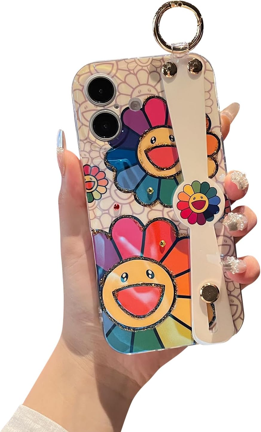 for iPhone 16 Case with Stand Handle Wrist Strap Kickstand Glitter Bling Cute Cartoon IMD Soft TPU Shockproof Protective Phone Case for Girls and Women - Sunflower