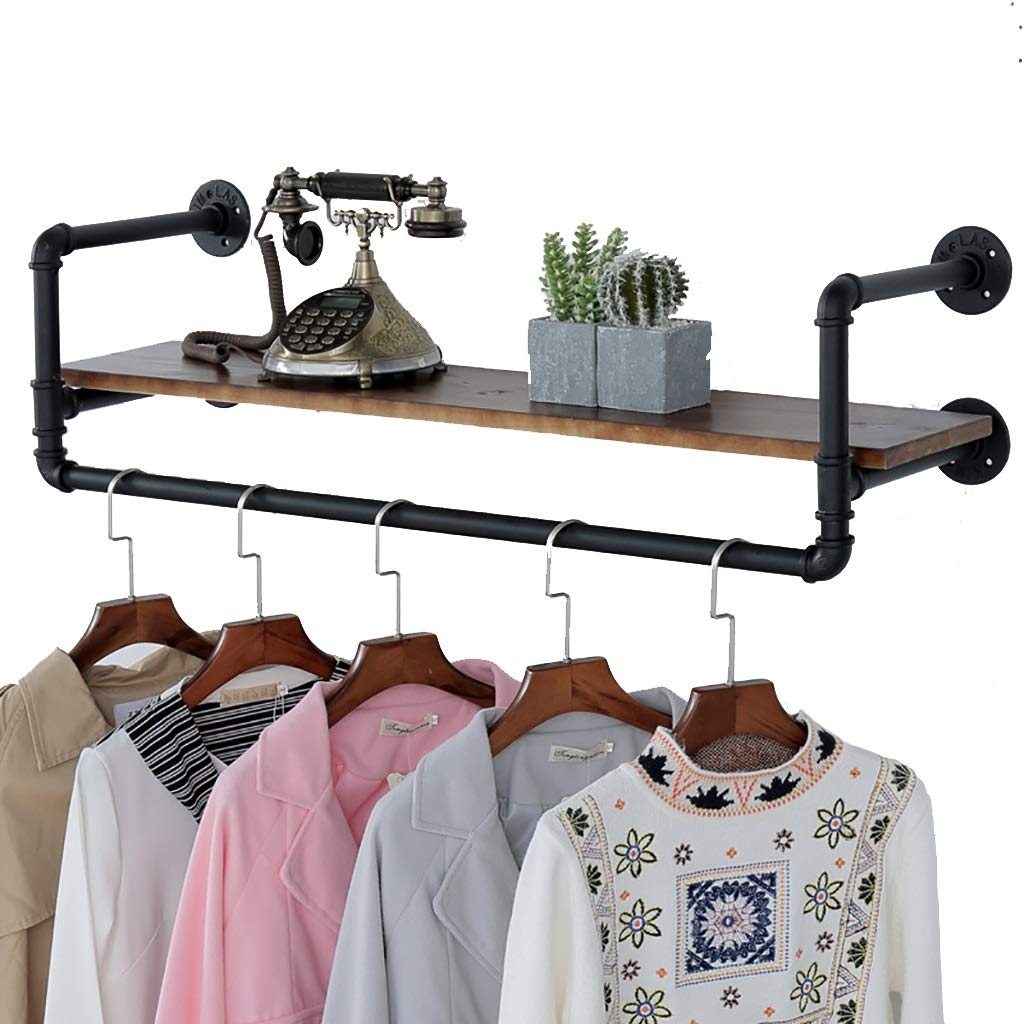 HPTHLY Industrial Pipe Clothing Rods Storage Shelf Wall Mounted Garment Rack With Shelf Hanging Closet 23/31/39/47Inches (120X25Cm)