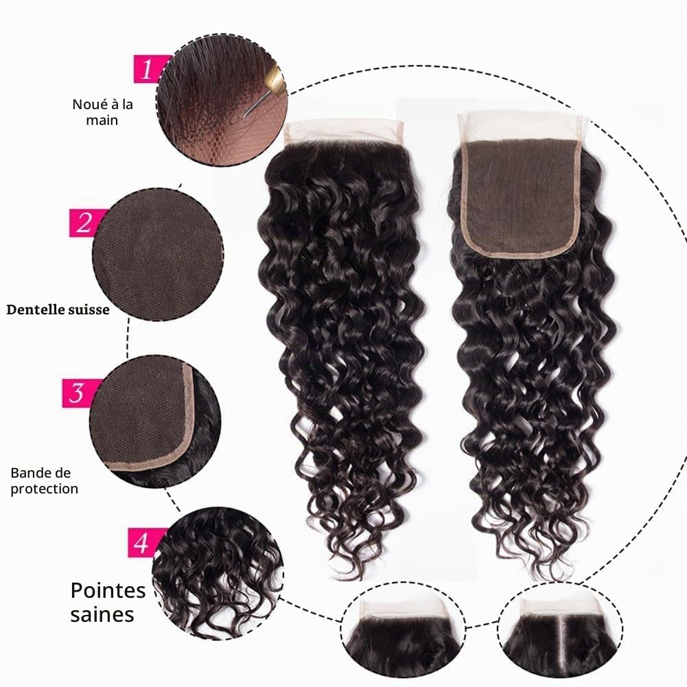 Tissage Cheveux Humain Naturel Water Wave Bundles with Closure Beam 10A Brazilian Curly Human Hair Bundles 100% non traité Remy cheveux humains tressé trame tressé noir 10 12 14+10 Pouces