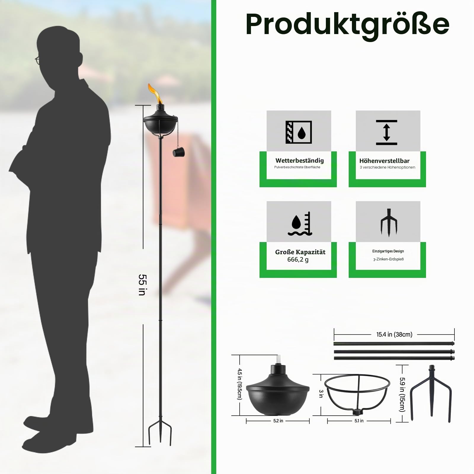 ZSZMFH Gartenfackel für Zuhause, Garten, große Kapazität, 666 ml, Outdoor-Metallfackel, Gartendekoration, 140 cm, verbesserte Citronella-Fackeln mit 3 Zinken, Erdspieß, Tischfackeln für Party,