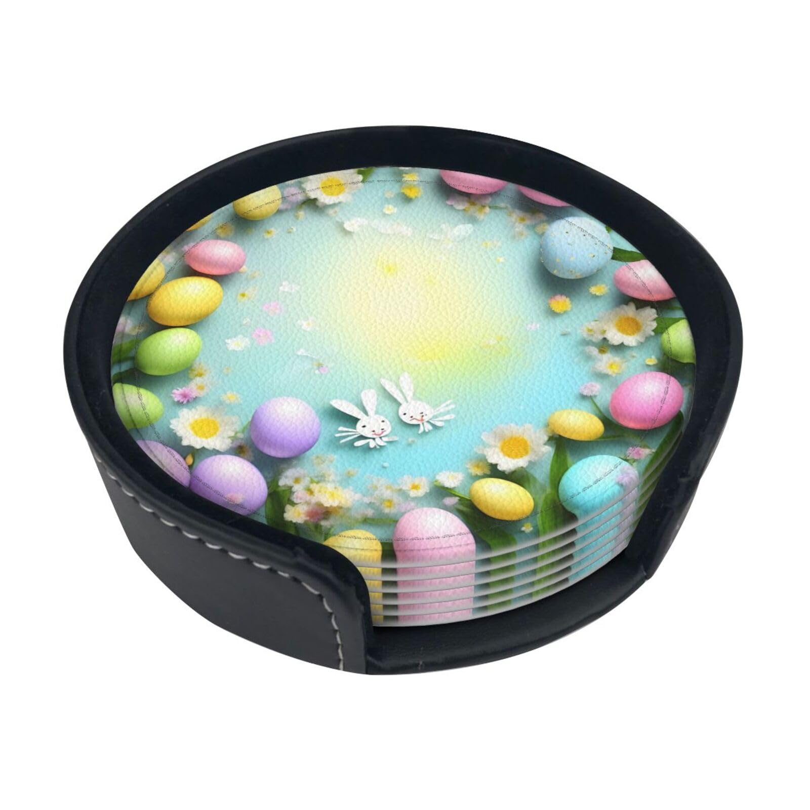 Spring Happy Easter Holiday Print Round Coasters Set Of 6,Coaster For Tabletop Protection Home Bar Decor
