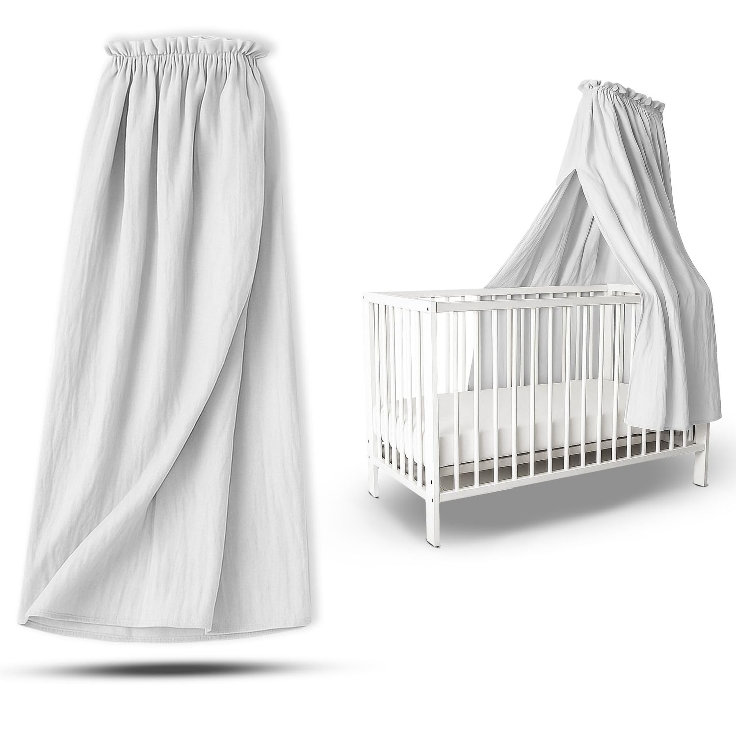Betthimmel Babybett Stoff 130 cm – Weicher Musselin Baldachin ohne Ständer – Himmel Babybett & Kinderzimmer Deko in Creme oder Hellgrau – Luftiger Himmelbett Vorhang aus Musselin
