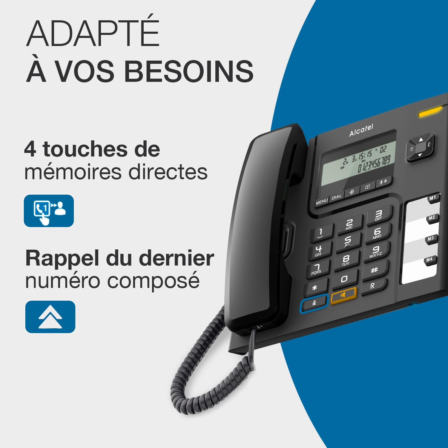 ALCATEL T56 - Téléphone Fixe Filaire - Écran Numérique - Mains Libres - Journal Des Appels Reçus - Touche Rappel - 4 Mémoires Directes - Noir