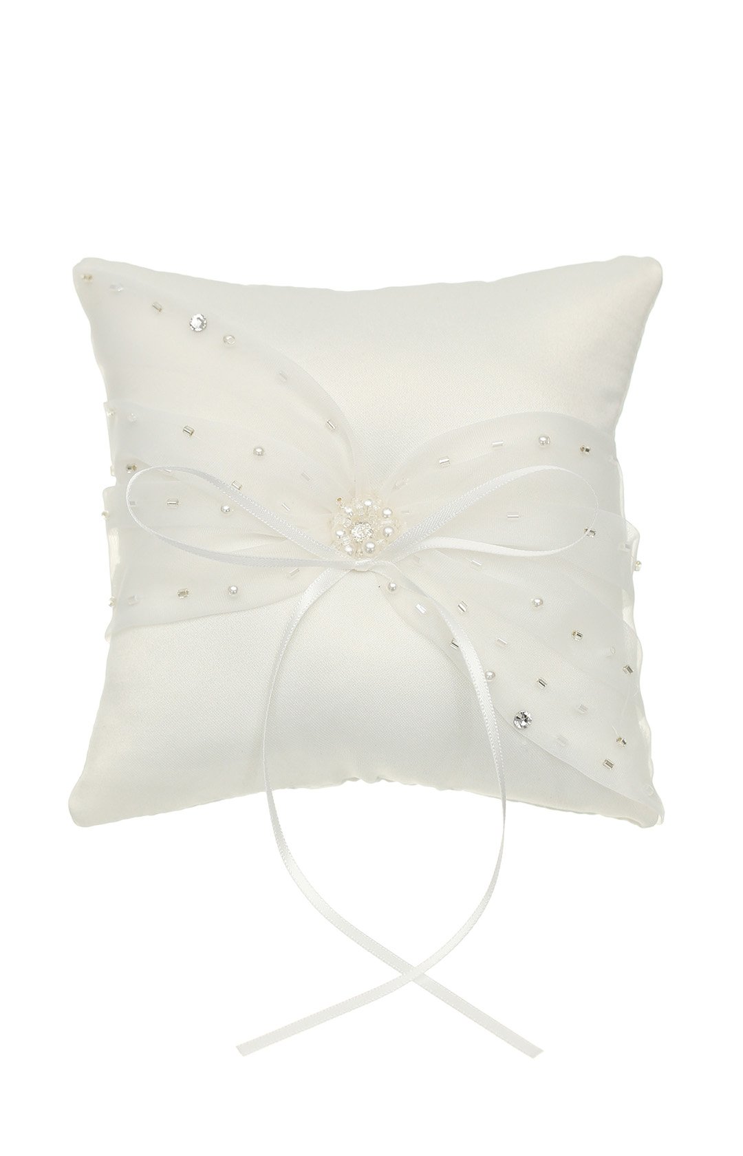 SAMKY Crystal Beads Lace Bow Wedding Ring Bearer Pillow 6.5 Inch x 6.5 Inch - Ivory RP015I