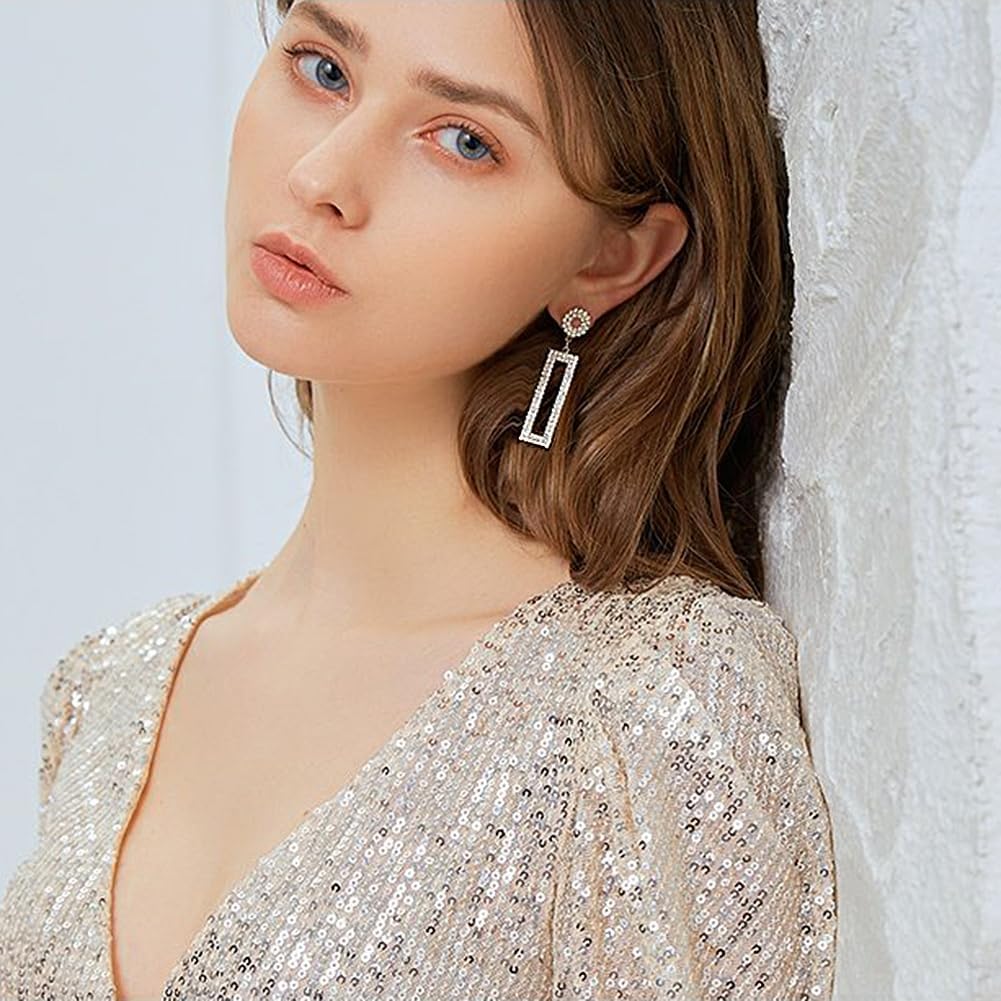Geometric Rectangle Cubic Zirconia Rhinestone long Drop Dangle Earrings for women Hypoallergenic Pierced - Image 2