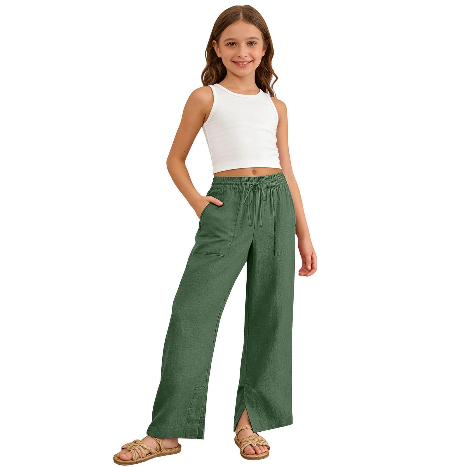 Pantalon en Lin Fille Été Fluide Léger Large Pantalon avec Poches Taille Haute Chic et Elegant Coton et Lin Sweatpants Taille Élastique Décontracté Fluide Ample Respirant pour Enfants 4-14 Ans