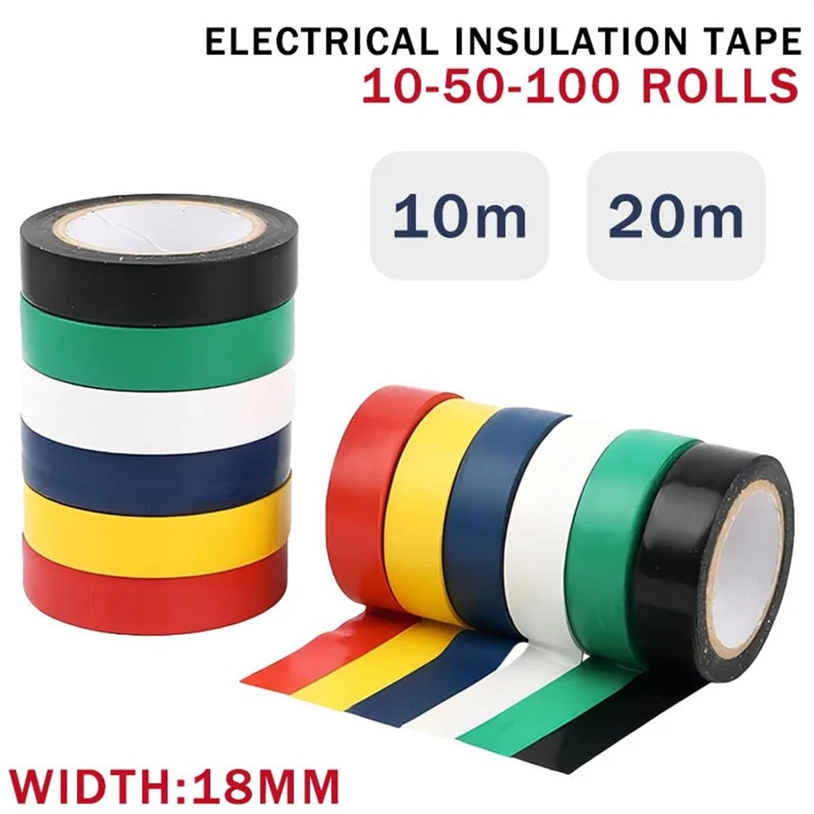 Grundausstattung: Isolierband, PVC-Isolierband, mehrfarbig, 10 Stück, 10 m/20 m(Black,10 METER-10 PCS)