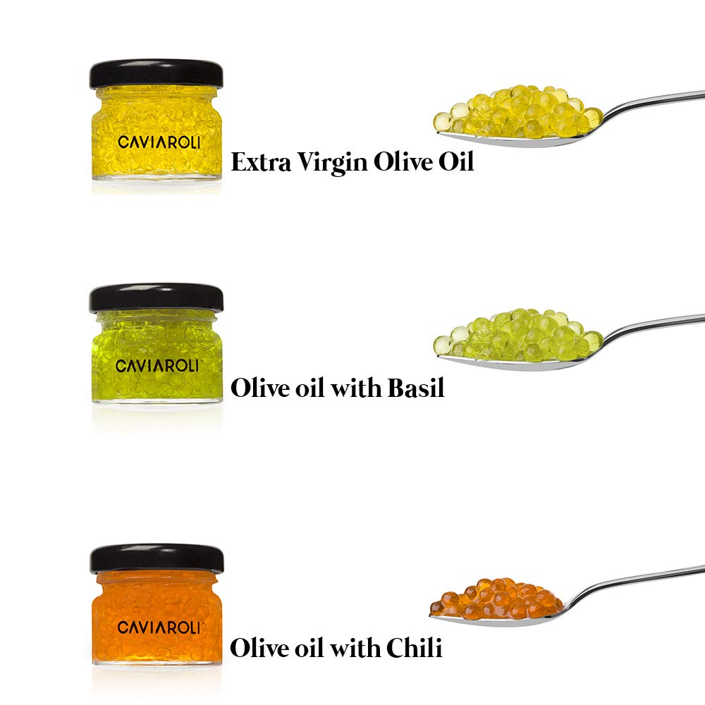 Caviaroli - Sferificazione di Olio d' Oliva Extra Vergine - Perle Gelificate Gourmet per Condimenti e Decorazioni, Caviale d'Olio in Pack 3 Sapori, Olio, Peperoncino e Basilico - 3x20g