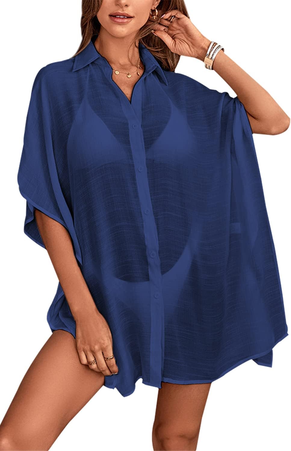Womens Swimsuit Cover Up Shirts Oversized Beach Bikini Bathing Suit Coverups Beachwear Button Up - Image 2