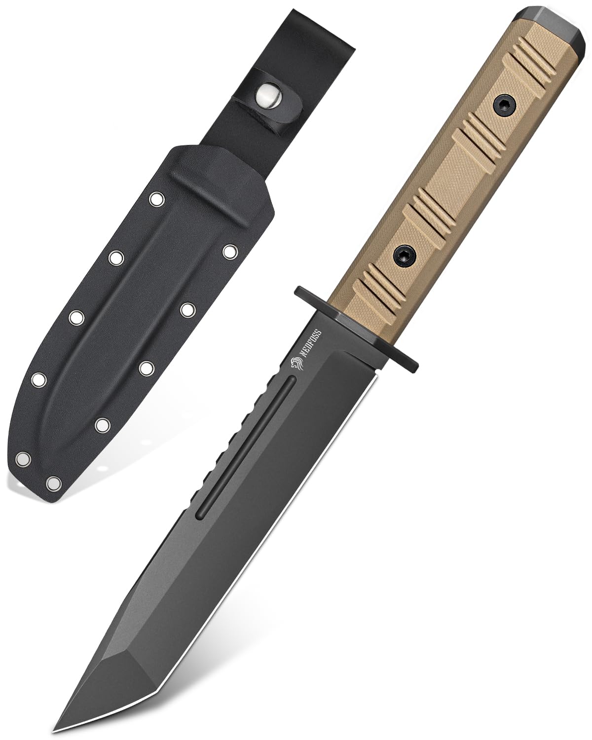NedFoss BRAVE Bowiemesser, 17.2CM D2 Stahl FULL TANG Outdoor Messer mit G10 Griff & Kydex Scheide, Survival Messer mit Titanium, Großes Jagdmesser, Bushcraft Messer für Camping, Geschenk, Sammlung