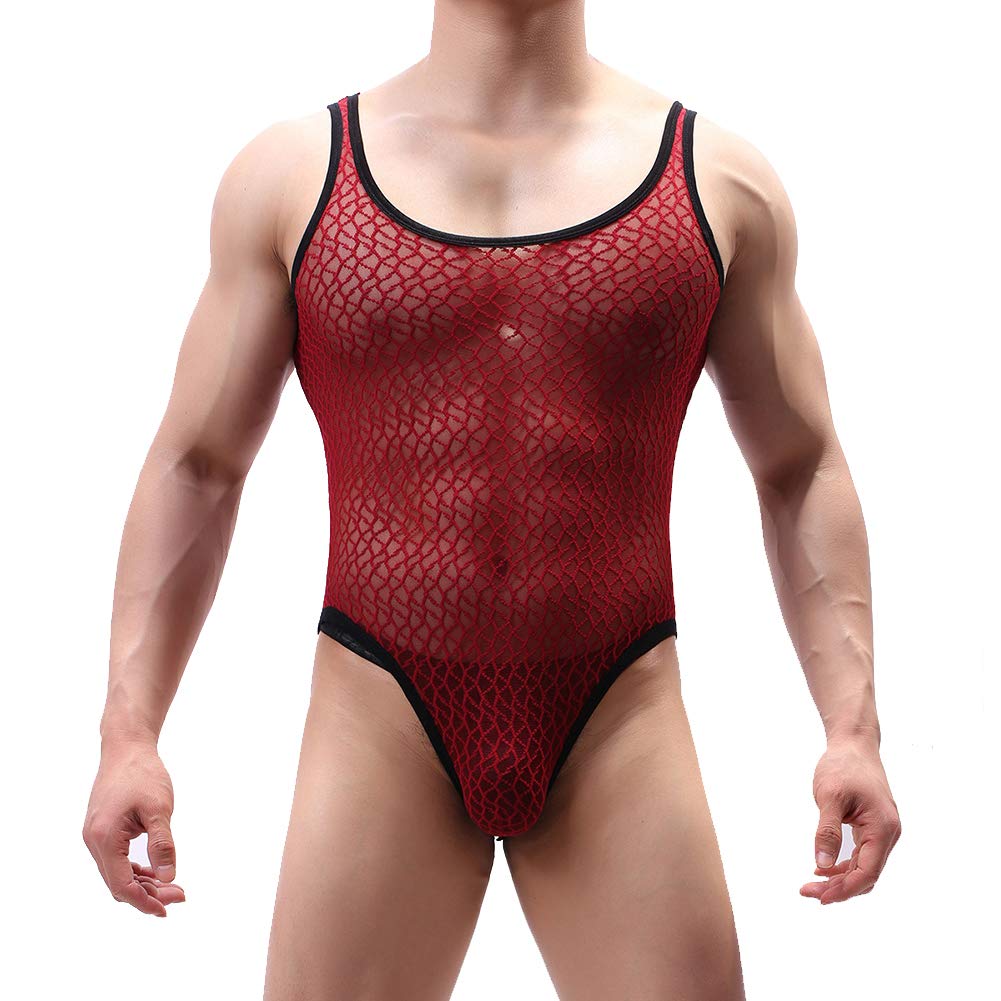 Sandbank Men's Wine Red 3 Underwear T-Shirt For Black Long Sleeve Mesh Top Undershirt Sexy Mesh Sheer Tshirt Nightwear Gym Fitess (, L)