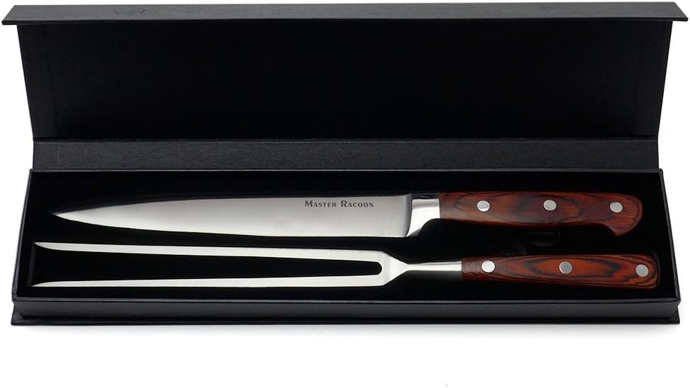 Carving Knife Set Stainless Steel BBQ Meat Knife and Fork Turkey Knife Kitchen Knife with Pakka Wood Handle for Barbecue