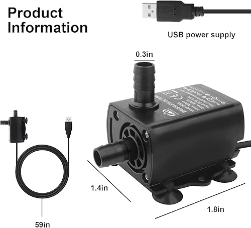 Miniatura 2 de Bomba de agua sumergible con cable USB de 4.9 pies, bomba de agua ultra silenciosa para acuario con elevación de 9.8 pies de altura para tina de