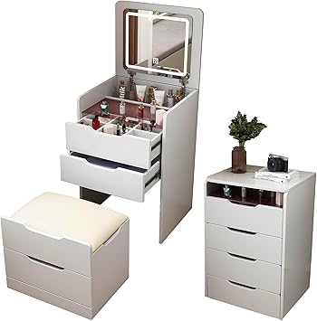 3 in 1 Vanity Desk with Plip Top Mirror, Small Vanity Desk Set with Storage Chair, Compact Makeup Vanity Desk with Visible Glass Desktop, for Bedroom, Apartment, Cloakroom, White Basic