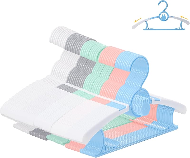 50 Pack Baby Hangers 11"-14" Adjustable Kids Hangers Multicolor | Non-Slip Toddler Clothes Hangers Space Saving Plastic Infant Hangers For Girl Boy Toddler Kids Child