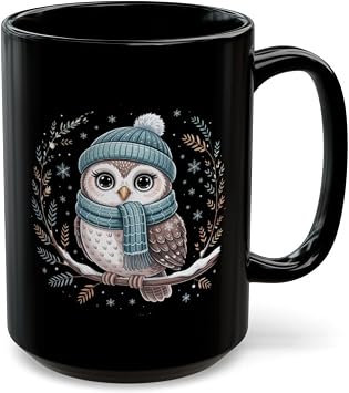 Owl Coffee Mug Black Ceramic Cozy Beanie Scarf Snowy Branch Winter 15oz