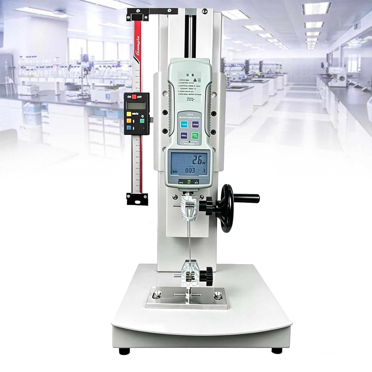 LSHFYV 10N-2000N Digital Force Gauge Push Pull Gauge, Hand Crank Vertical Tensile Test Bench, with 5 Probes, 2 Testing Clamp, Stroke 270mm, for Compression and Tension Testing Withruler-100N