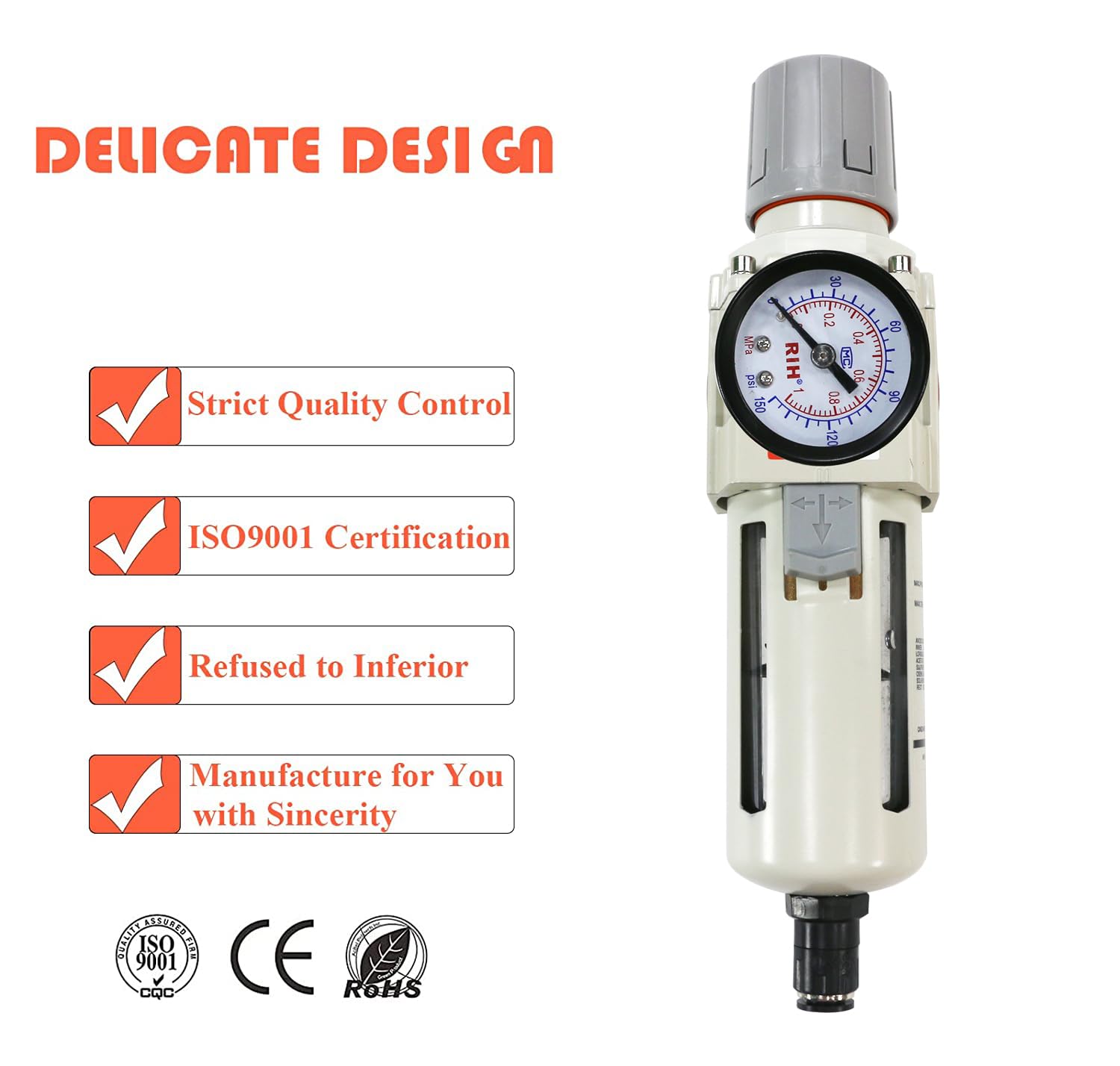 RIH Pneumatics 1/2"NPT Auto Drain Air Filter Pressure Regulator Combo Piggyback, air Pressure Regulator，Water Separator air Compressor(1/2"NPT)