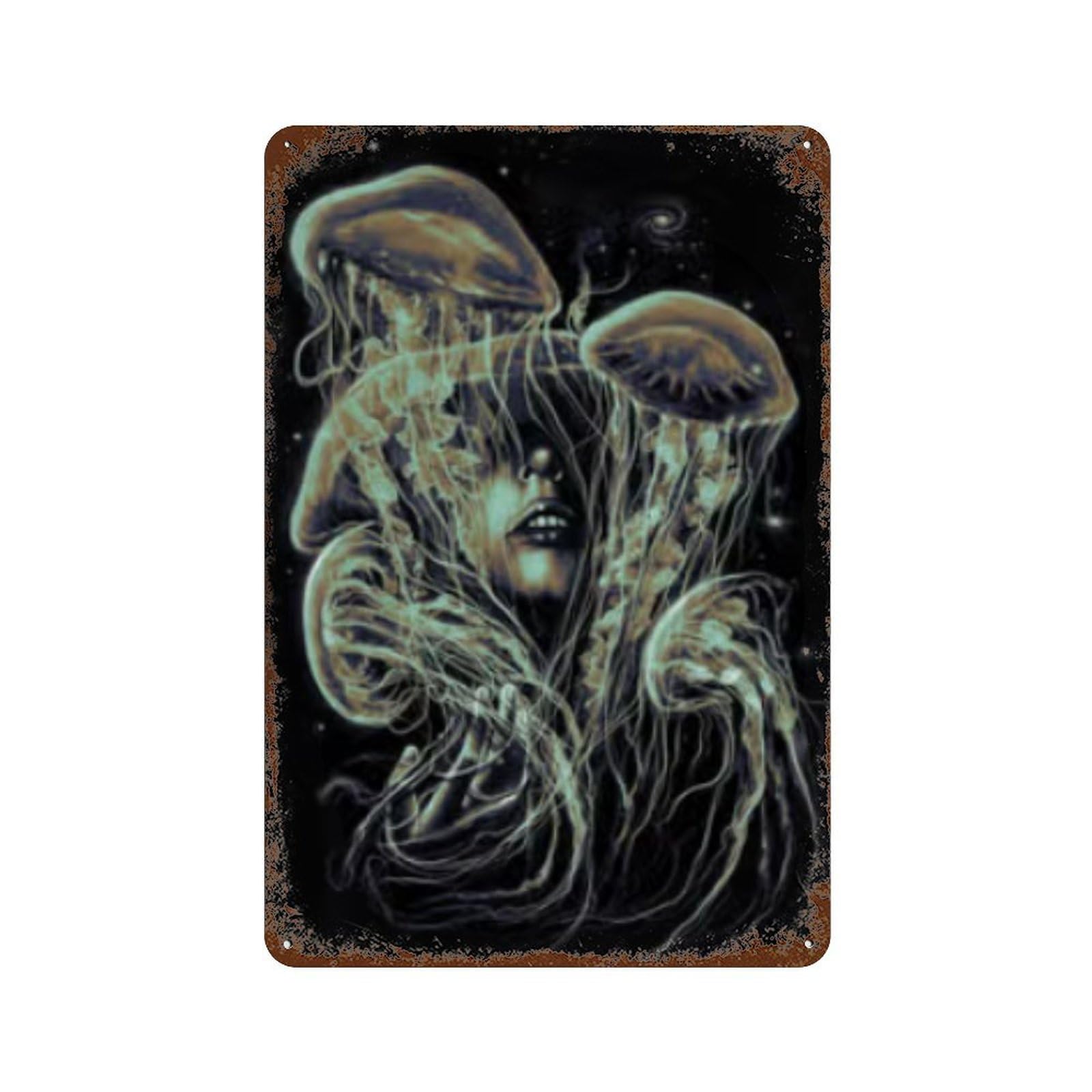 Jellyfish Art Print 11.8"x7.9" Rust Effect Tin Sign, Vintage Wall Decor for Farmhouse, Kitchen And Entryway Decor