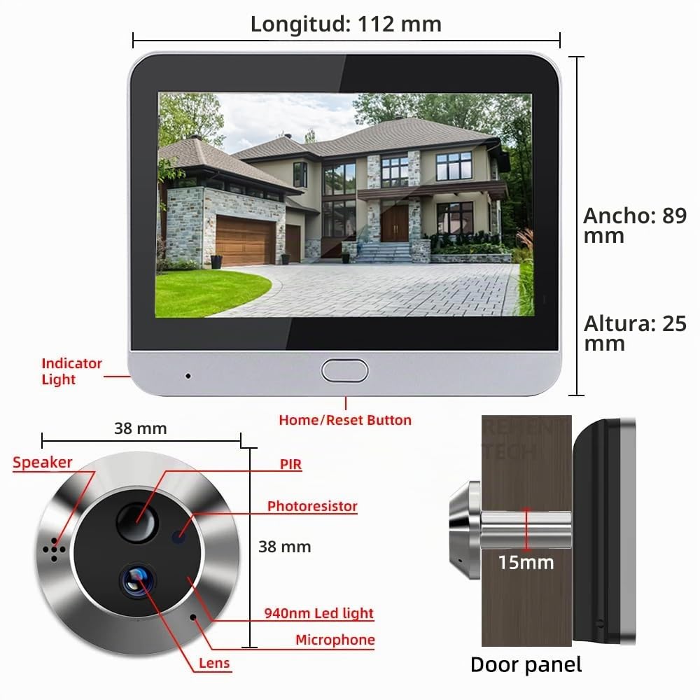 A1 Mirilla Digital Puerta WiFi con Tarjeta 32 GB,Audio Bidireccional,PIR Detección de Movimiento,Pantalla Táctil a Color de 4.3" con Batería 5000 mAh,Angular 140°,Visión Nocturna,2.4Ghz WiFi
