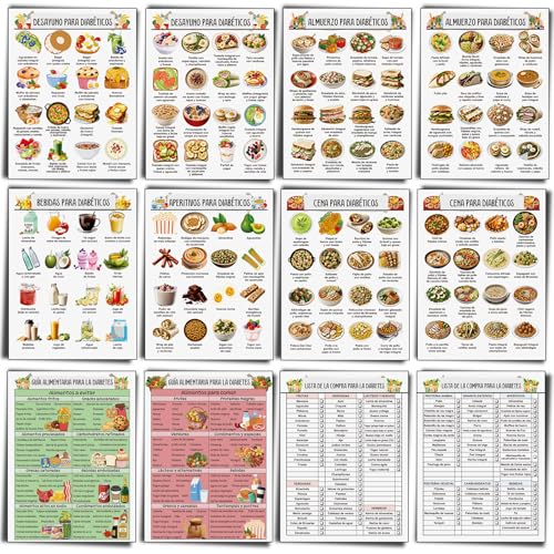Image of Sinload 12 Pcs Spanish Diabetes Food List Posters Spanish Diabetic Meal Chart Information Diet Plan, Low Carb Foods List for Blood Sugar Control