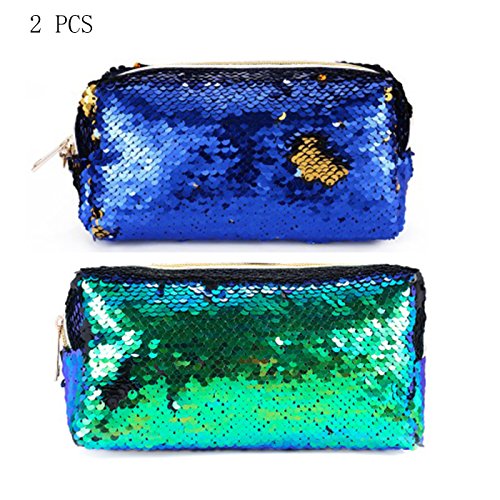 2 Pack Two-Tone Mermaid Sequin Cosmetic Bags Handbags,Reversible Sequin Sparkling Zipper Stationery Purse Bling Glitter Party Bags, for Girls and Women (blue+gold and green+blue)