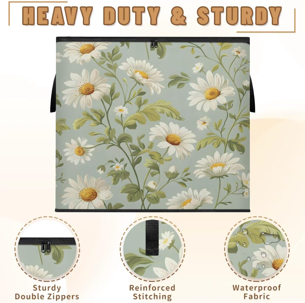 Honeybaby 214L Extra Large Comforter Storage Bag Daisy Green Leaves Storage Totes with Lids Waterproof Closet Organizer Folding Blanket Storage Bags for Clothes Bedding Pillows