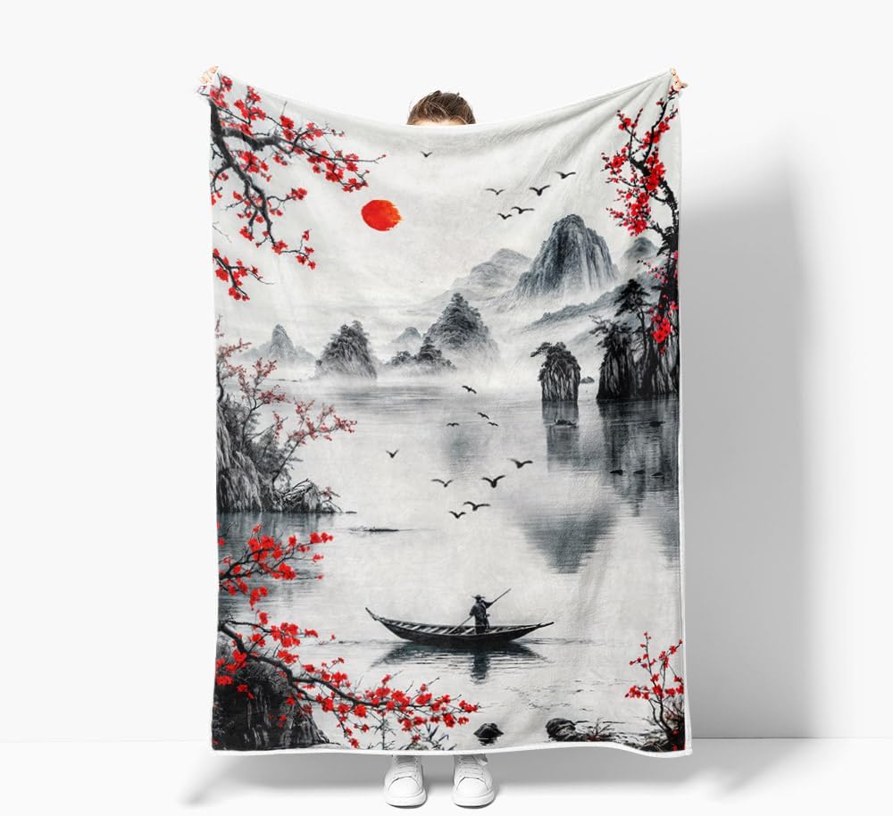 DYNH Japanese Cherry Blossom Throw Blanket, Asian Nature Landscape Throw Blanket, Mountain Cherry Branches Red Sun Ink Painting Soft Warm Flannel Black White Grey Blanket,60X80
