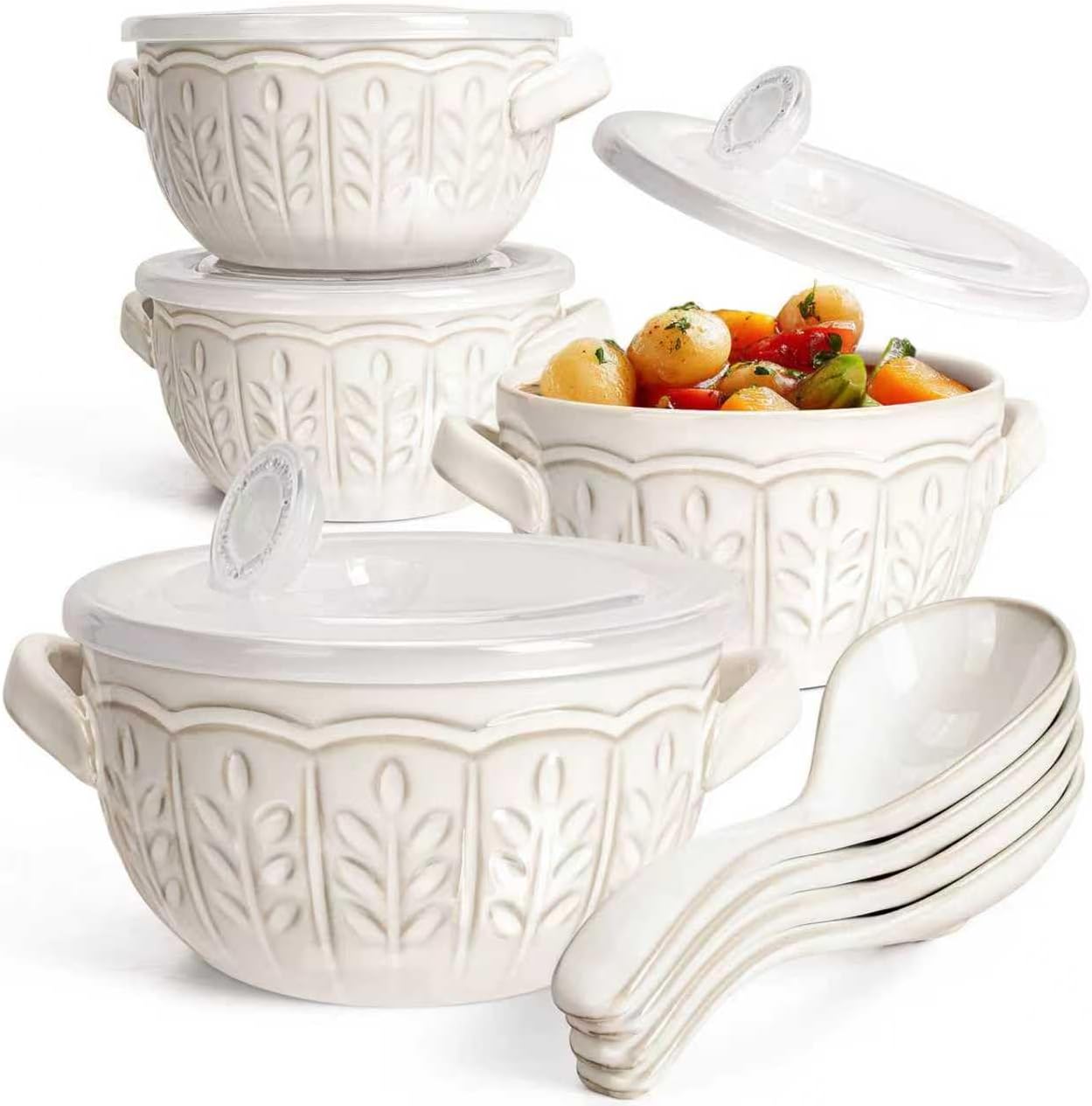 Artena Ceramic Pasta Bowls Set of 4-9.85 Inch Large Salad Bowls, 25 oz Serving Bowls for Soup, Ceramic Coffee Mugs Set of 4, 16oz Embossed Large Latte Mugs Coffee Cups with Handle for Tea