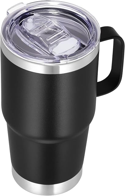 VEGOND 20 oz Tumbler avec poignée et paille, en acier inoxydable Voyage isolé tasse de café épreuve de déversement double mur tasse de tumbler en métal garde boire chaud et froid, noir paquet de 1