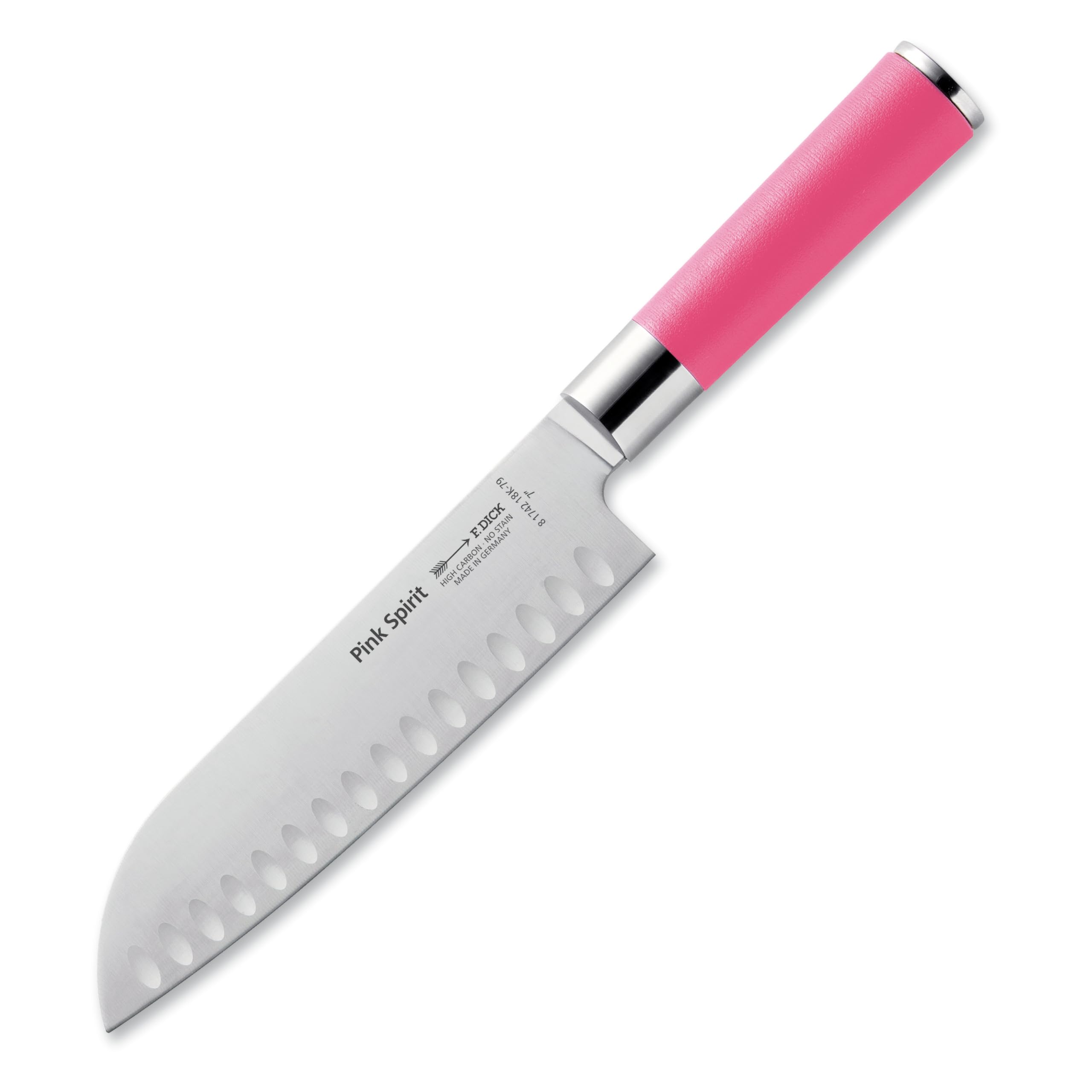 F. DICK Pink Spirit 8 1742 182K-79 - Cuchillo Santoku (longitud de la hoja: 18 cm, acero inoxidable con filo alveolado, hoja probada con láser, acero X55CrMo14, mango de plástico) | Afilado, de acero inoxidable de alta aleación, hoja probada con láser, ac