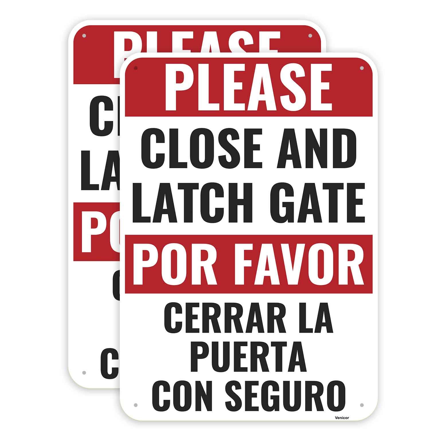 2 Pack Close And Latch Gate Signs, 12 x 8 Inches - Aluminum - Bilingual Spanish - Keep Gate Closed And Locked Sign/Without a frame