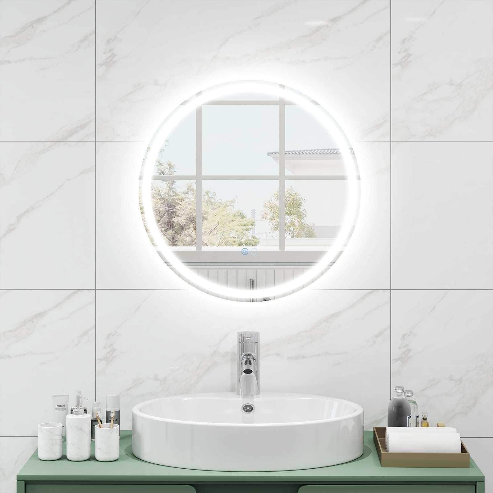 FANTASK Espejo de baño LED con iluminación, 60 cm, Redondo, antivaho, Espejo de Pared Regulable con Interruptor táctil y función de Memoria, Espejo Colgante LED para baño, 60 x 60 cm, Plateado