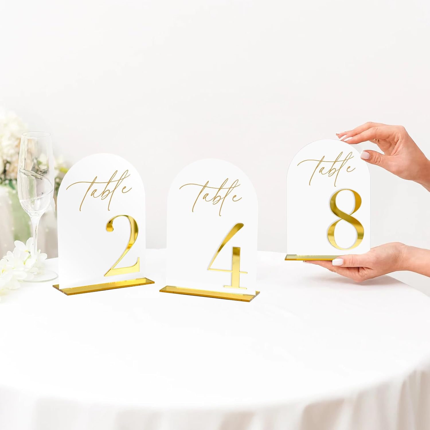 White and Gold Acrylic Arch Wedding Table Numbers 1-15 with Stand