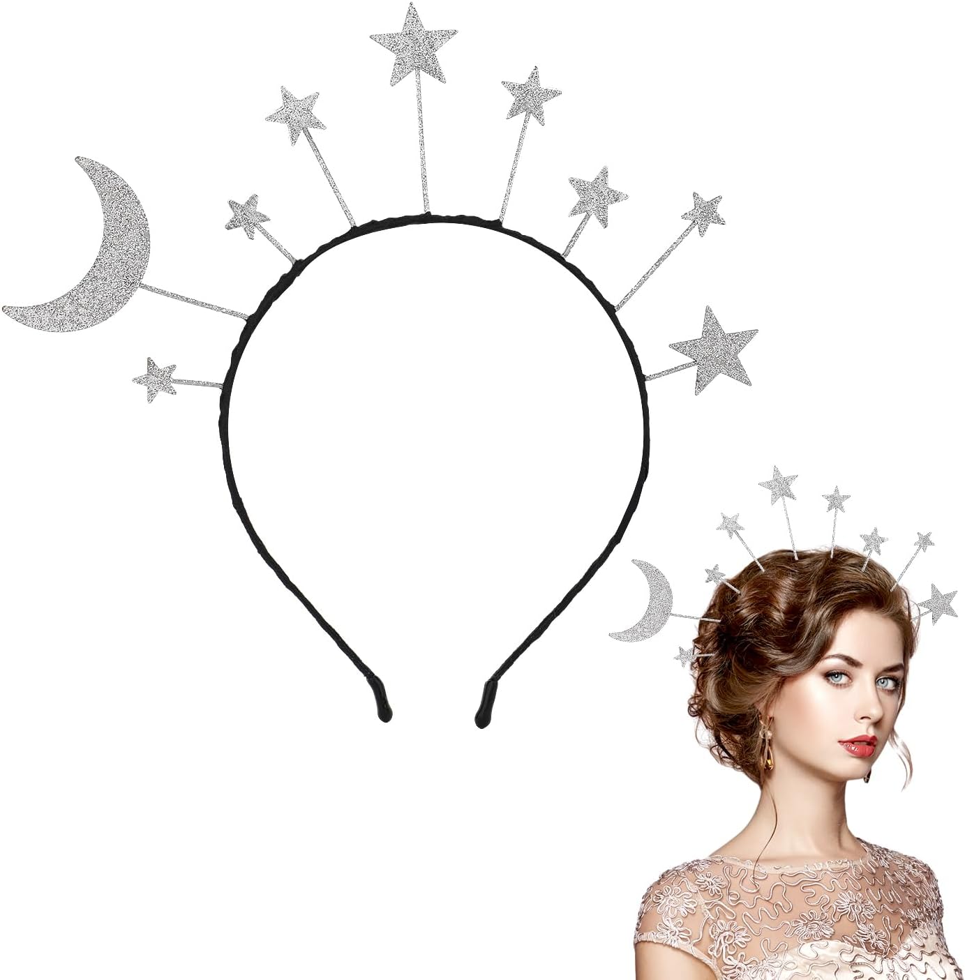 Glitter Star Moon Headband, Shiny Star Hair Hoop Goddess Headpiece Stars Halo Headband for Women, Girls, Birthday, Costume Party