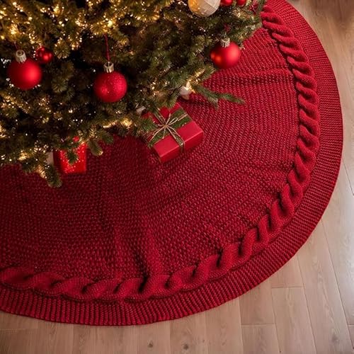 Red Christmas Tree Skirt, 24 Inch Knitted Tree Skirt for 2-4 Ft Christmas Tree Luxury Knitted Thick Rustic Tree Skirt Xmas Decoration, Small Christmas Tree Skirt Decor for Pencil Christmas Tree