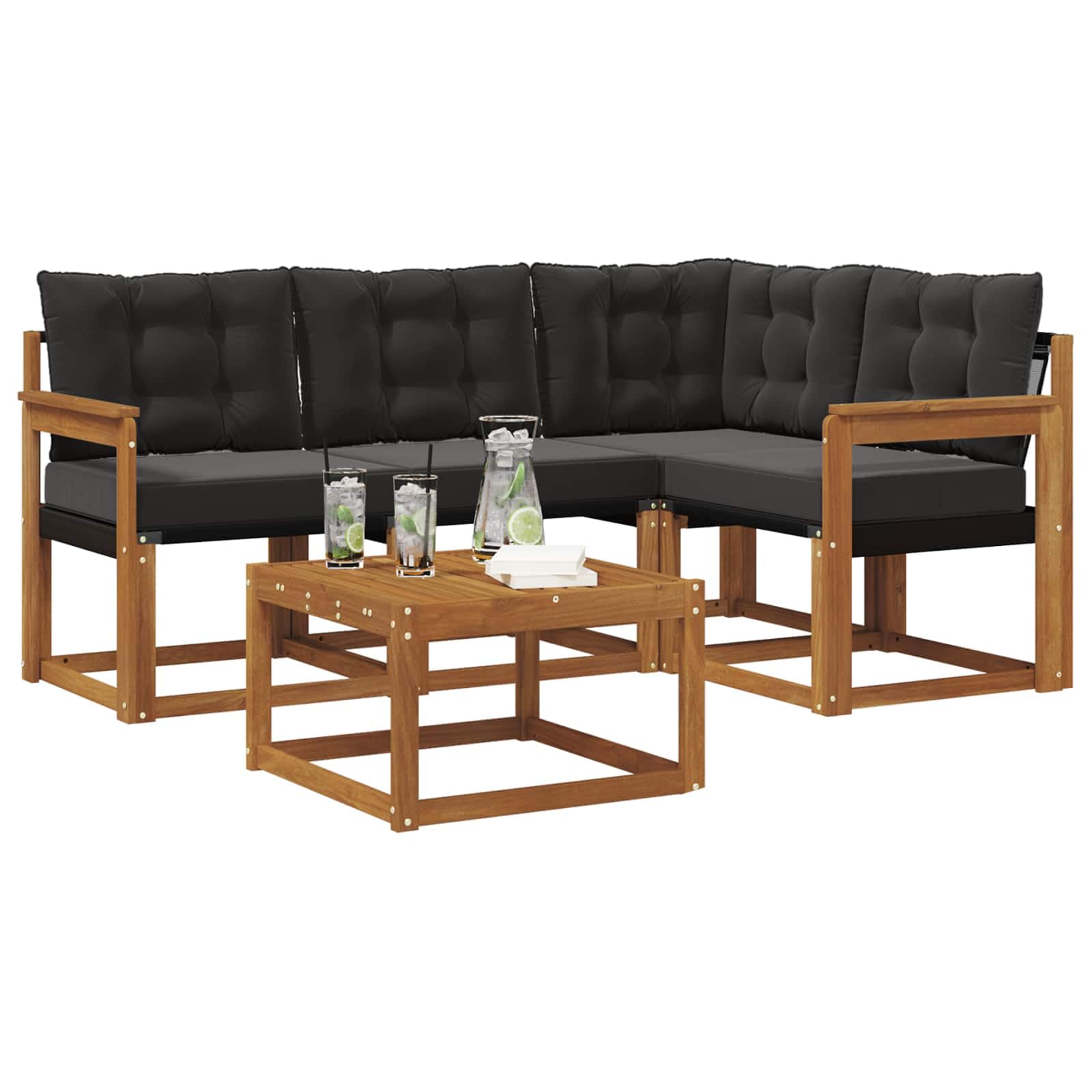Ensemble de canapés d extérieur 5 pcs Naturel Noir en Bois d Acacia Massif avec Coussins Amovibles lavables résistant intempéries canapé Angle Table Salon Jardin Patio
