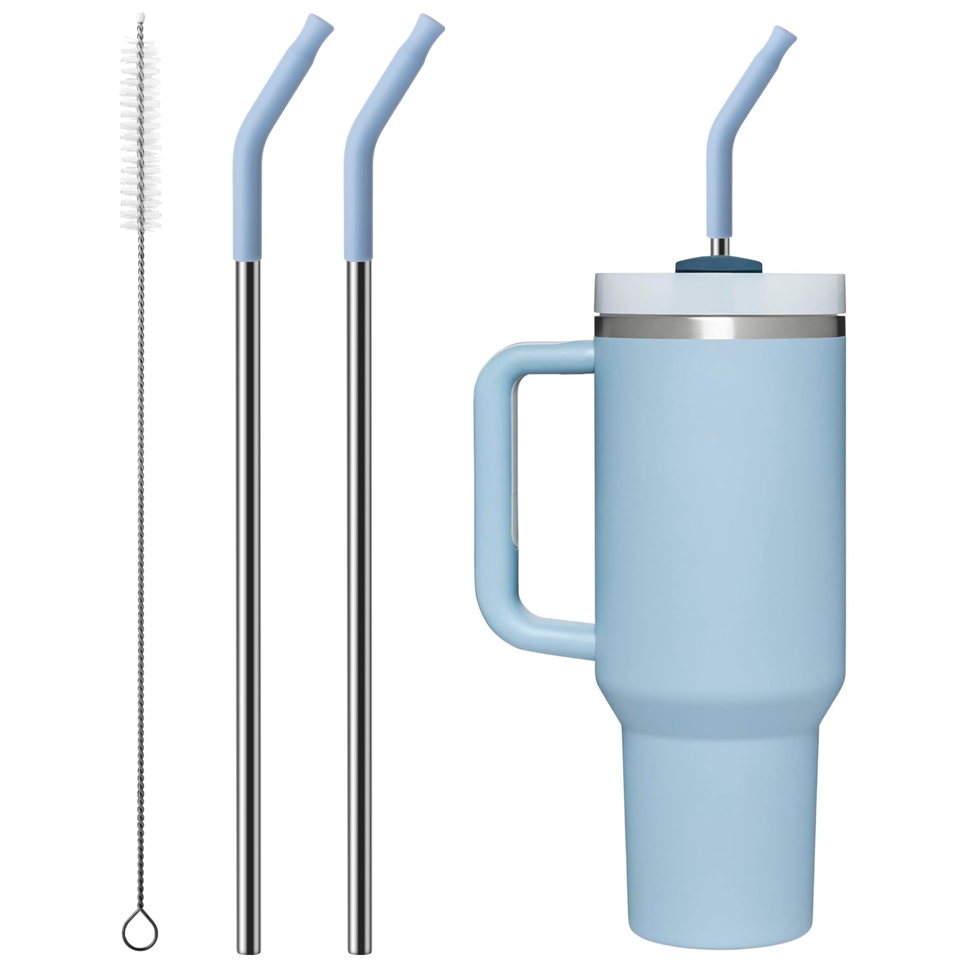 2 Pcs Stainless Steel Straws for 40 oz Stanley Tumbler, Replacement 40 oz Stanley Cup Straw Accessories with Silicone Tips and Cleaning Brush (Light Blue)